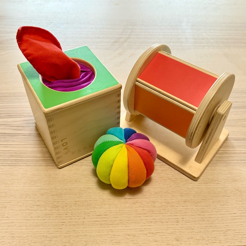 Lovevery spinning rainbow, magic tissue box & organic cotton rainbow ball